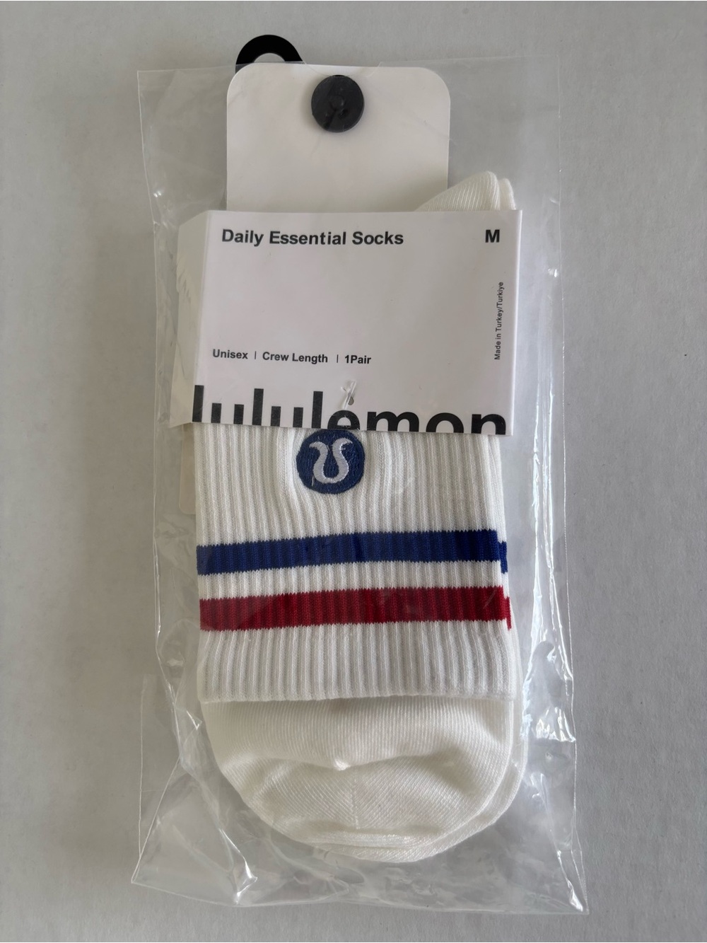 Classic White Crew Athletic Socks with Blue & Red Stripes
